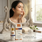 Woman applying skincare product in front of a mirror with Buxom Whitening Serum displayed.