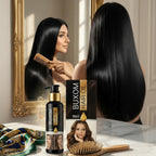 Woman with long black hair using a hairbrush, Buxom hair oil bottle, and packaging displayed on a marble surface.