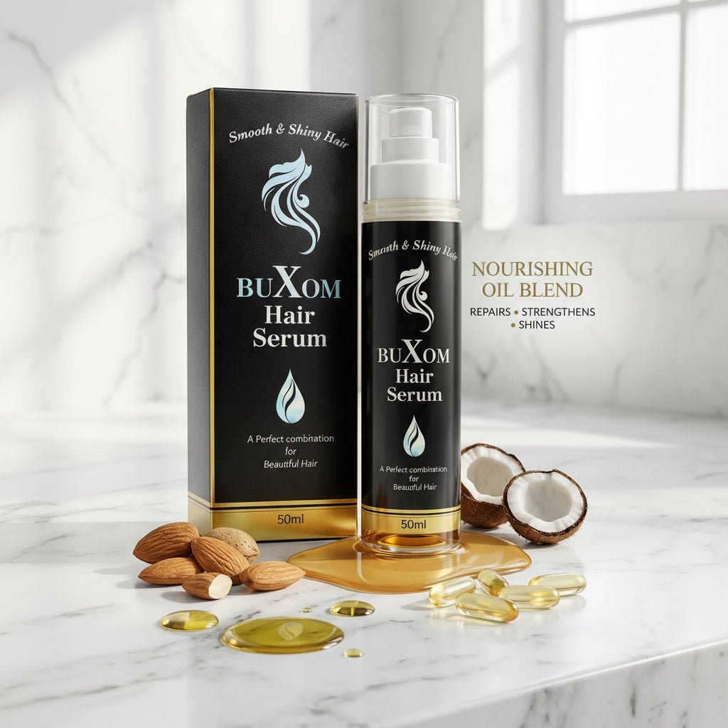 Buxom hair serum bottle and packaging on a marble surface with coconuts and almonds.