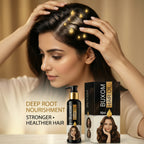 Woman with healthy hair applying Buxom hair oil with product packaging displayed.
