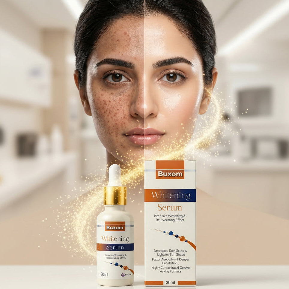 Buxom Whitening Serum packaging with a split-face image showing before and after effects.