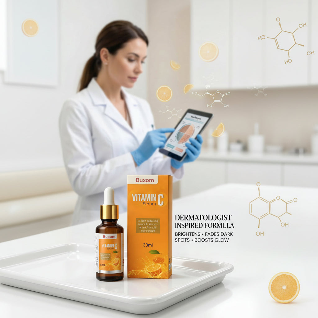 Woman in a lab coat holding a smartphone with skincare product on a tray
